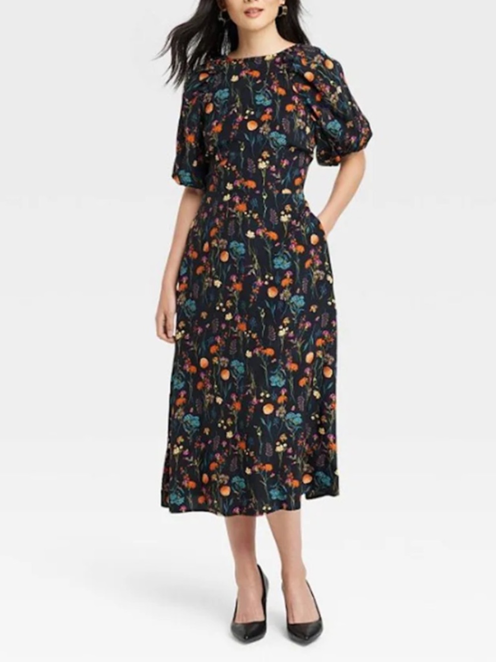 a new day Black Floral Puff-Sleeve Midi Dress